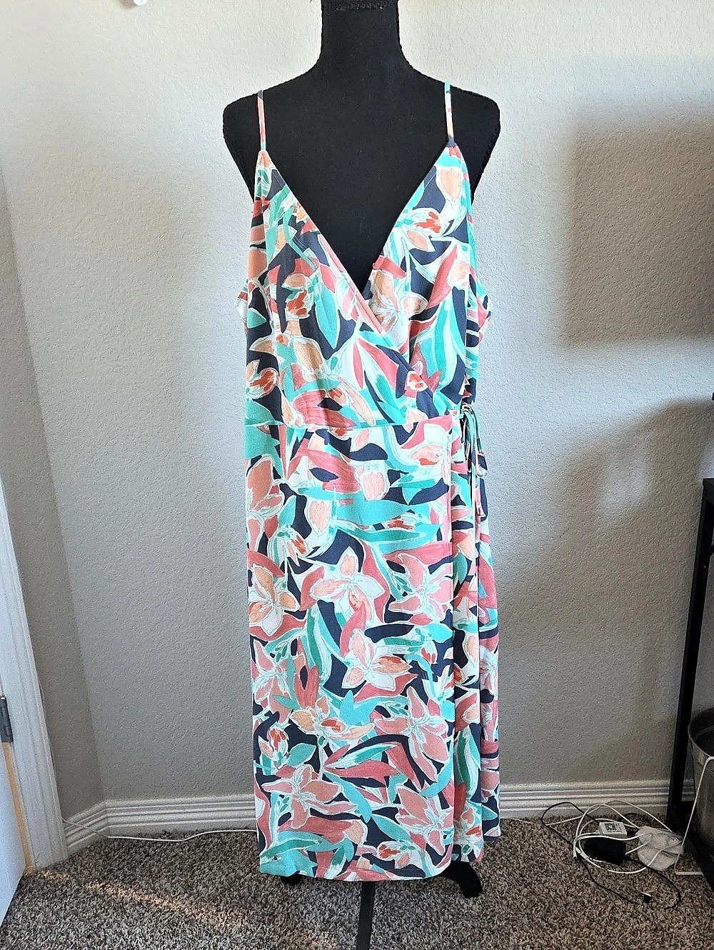 Nine West Tropical Floral Faux Wrap Midi Dress Coral Mint Navy XL